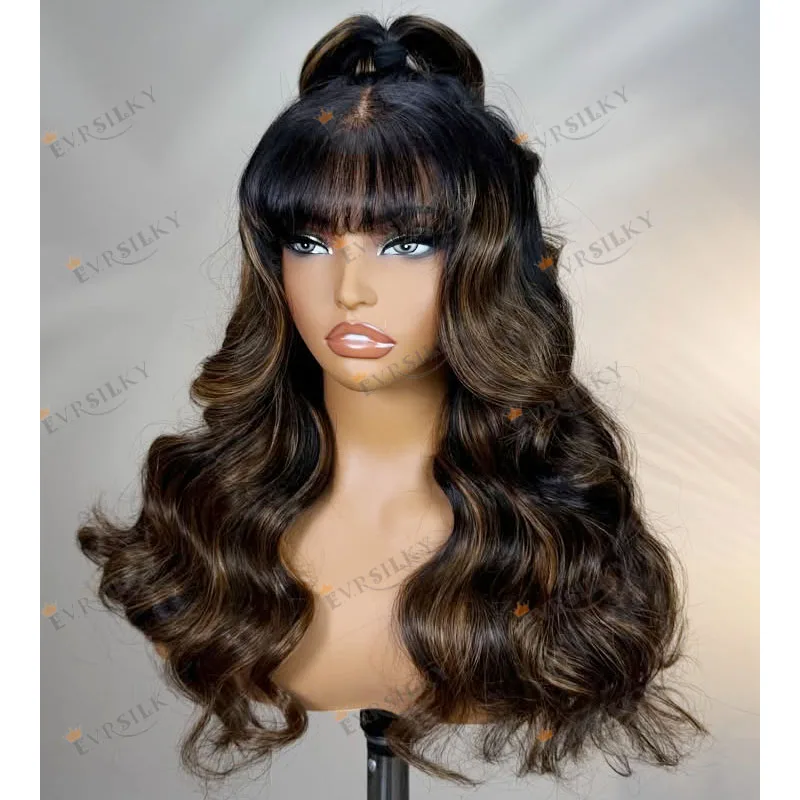 100% cabello humano con flecos, resaltado, onda del cuerpo, marrón, Rubio, 13x6, parte profunda, pelucas delanteras de encaje con flequillo, cola de caballo alta, pelucas llenas de encaje