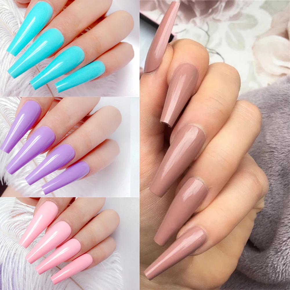 Super Long Press On Fake Nails With Jelly Glue Sticker 24Pcs Shiny Ballerina Coffin Artificial Fingernails Manicure False Nails