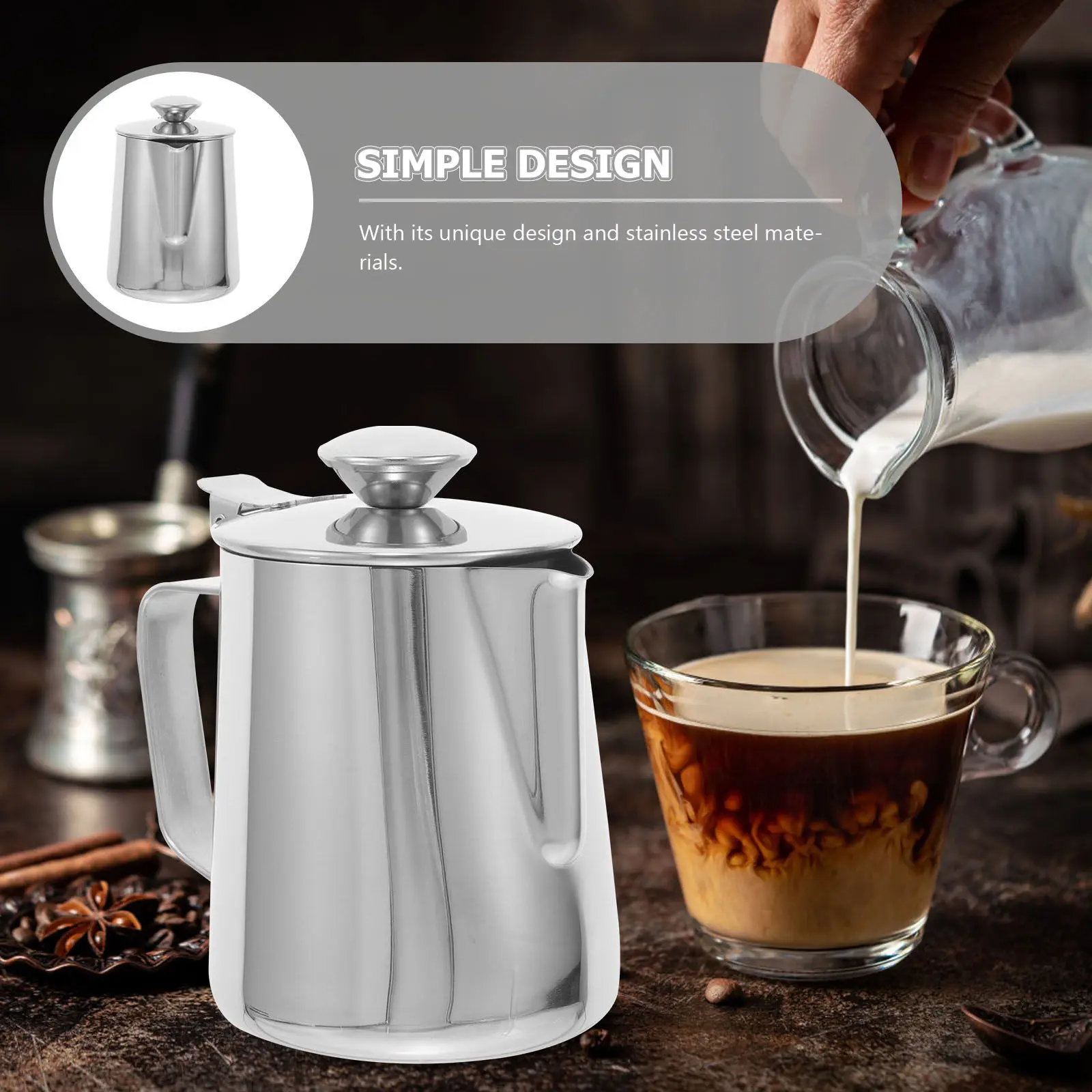 Food Grade Stainless Steel Coffee Frothing Cup with Tight Seal Lid and Controlled Flow Spout for Perfect Latte Art Milk Frother