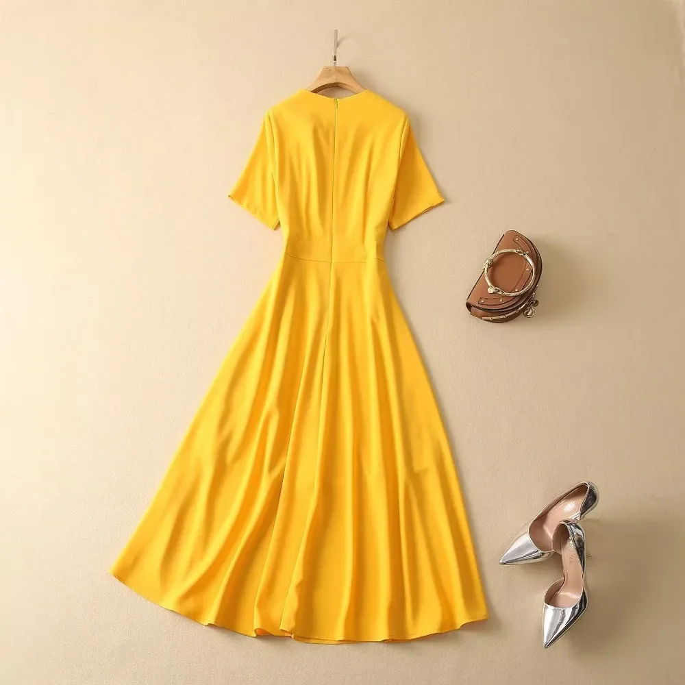 كيت ميدلتون رائجة البيع لموسم ربيع جديد المرأة جولة الرقبة قصيرة الأكمام فستان أصفر فراشة عقدة الخصر Cinching الركبة