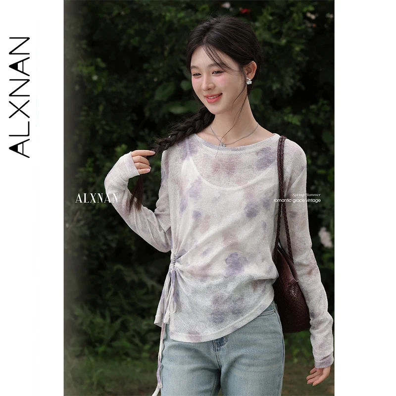 

ALXNAN Women's T-shirt Printed Long Sleeve Thin Sunscreen Tees 2025 Summer Loose-fit Drawstring Design Top Female L56608 L56372