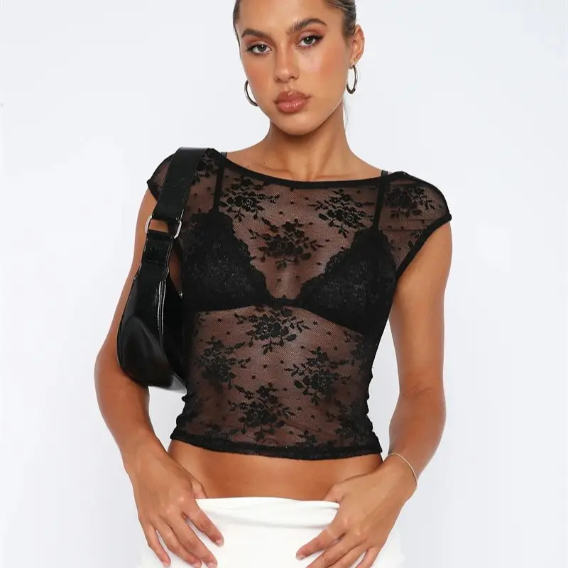 Vsstiar Sexy See Through Mesh T-Shirt Black White Backless Bodycon Summer Shirts Fashion Party Nightclub Wear Women Crop Top