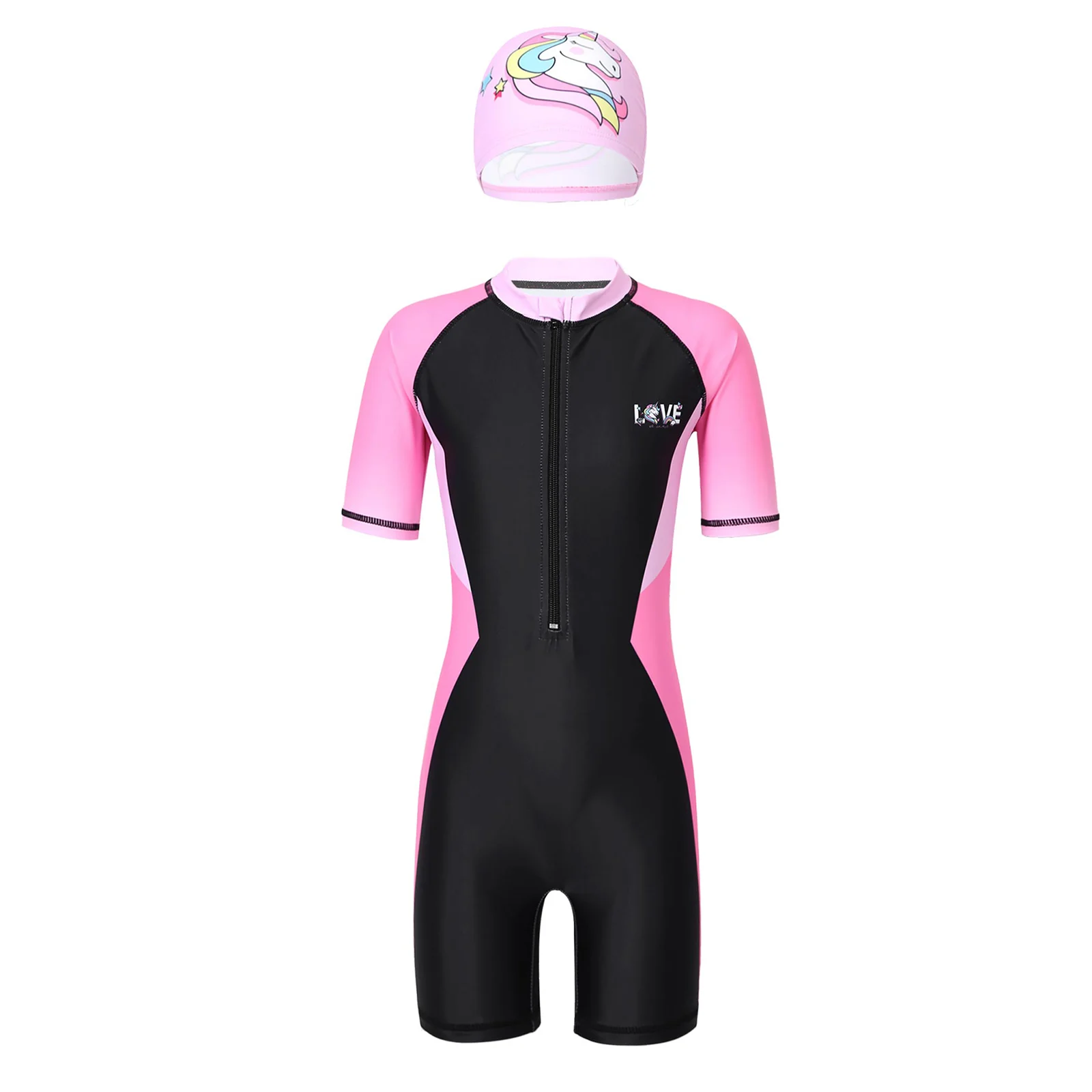 Kids Girls Swimwear Set One-piece Short Sleeves Colorblock Swimming Jumpsuit Swimwear with Hat Girls Cute Swimming Rash Guard