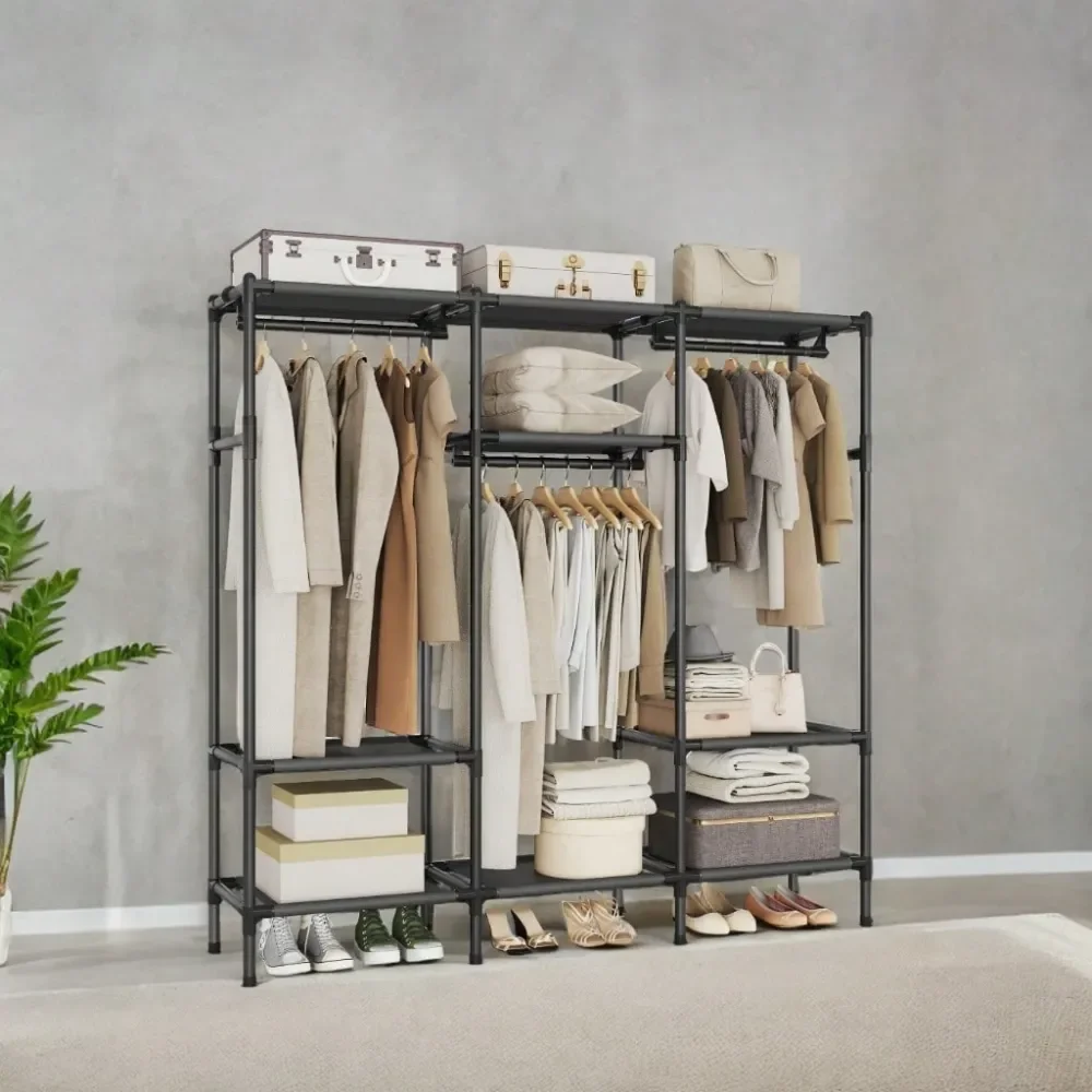 

72 In Heavy Duty Clothes Rack, Large Capacity Portable Wardrobe Closet Organizer With Hanging Rails And Shelves, 330 Lb Load, E