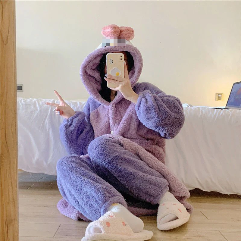 Autumn Winter Kawaii Cartoon Pajama Sets Women Pyjamas Cosplay Anime Nightgowns Flannel Long Robes Thick Coral Fleece Nightdress