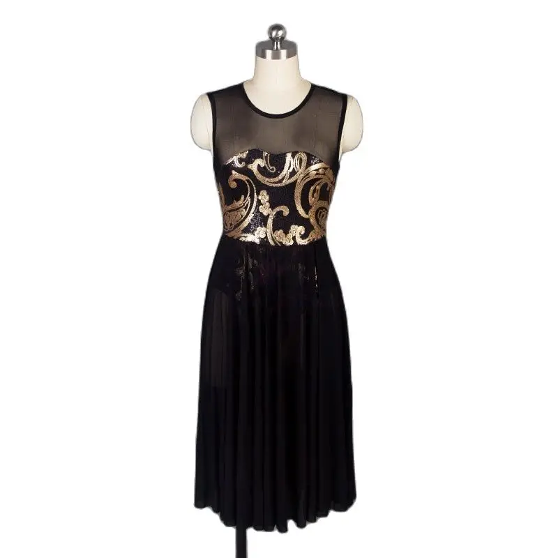 

17802 Black Mesh and Gold Sequin Dress for Ballet Dancing Lyrical and Contemporary Dance Costume