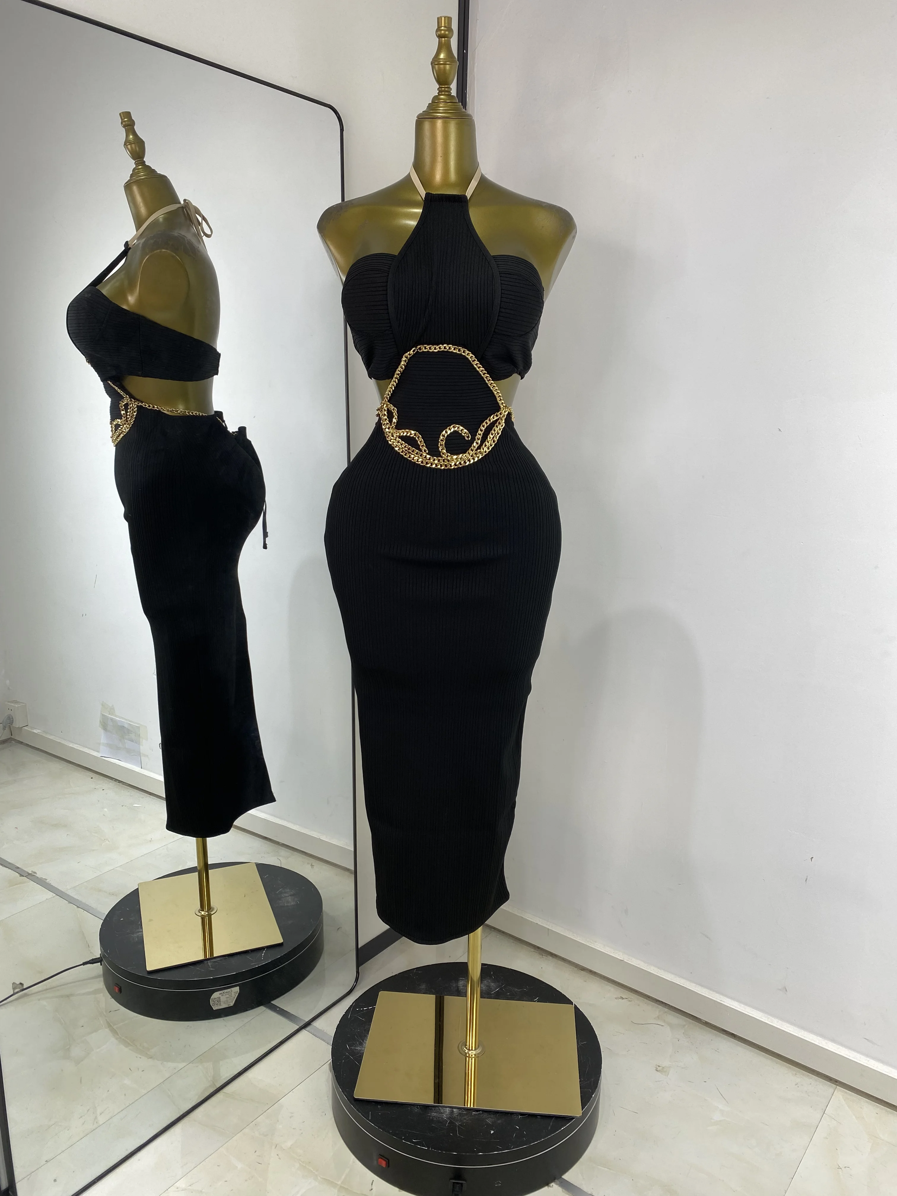 Feminino novo preto kib bandage vestido halter bustier corte corrente de ouro longo elástico malha celebridade noite clube vestidos de festa