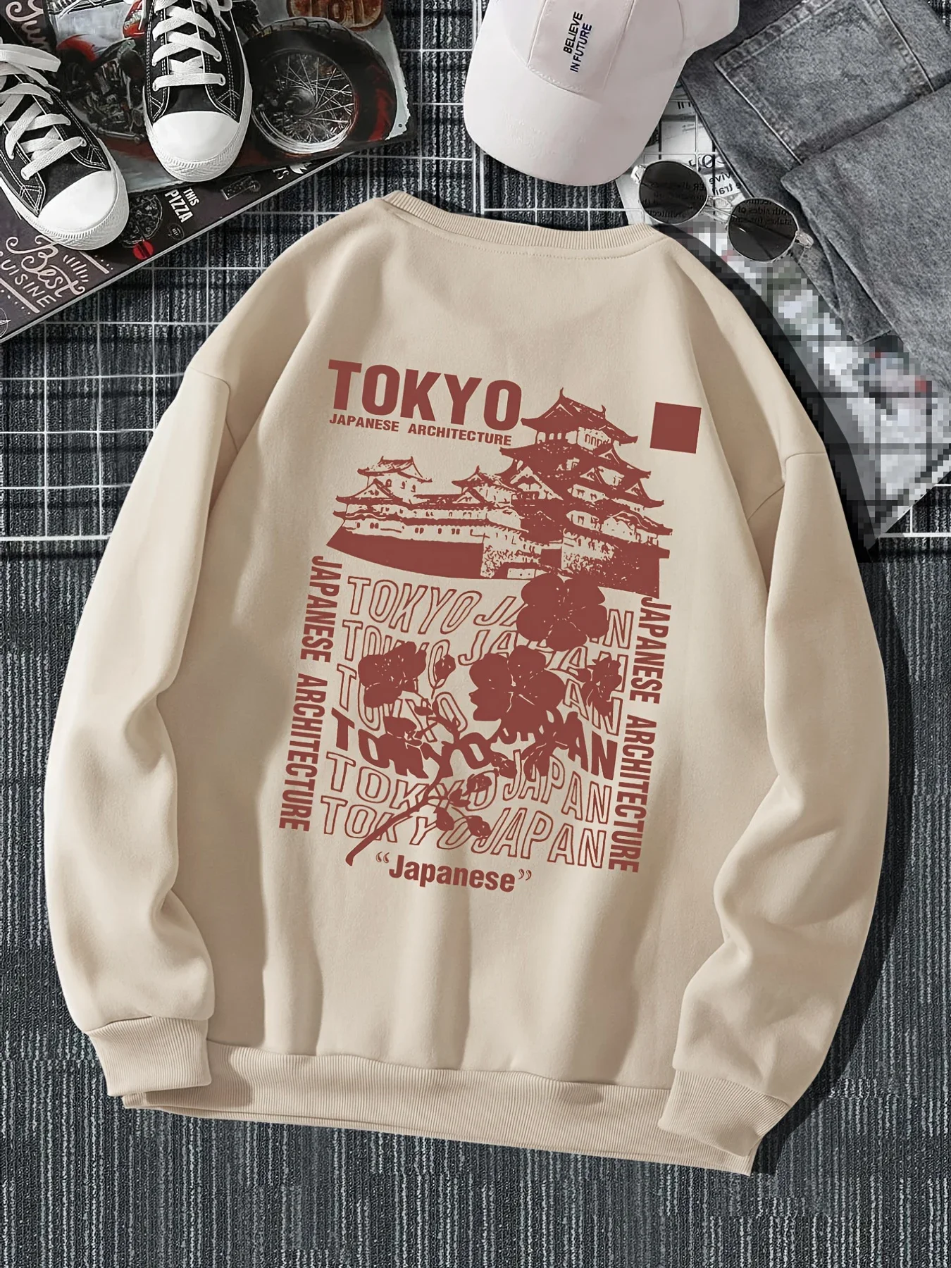 

Japan Tokyo cherry blossom print spring casual women's pullover warm and soft hooded loose round neck fleece women's clothing