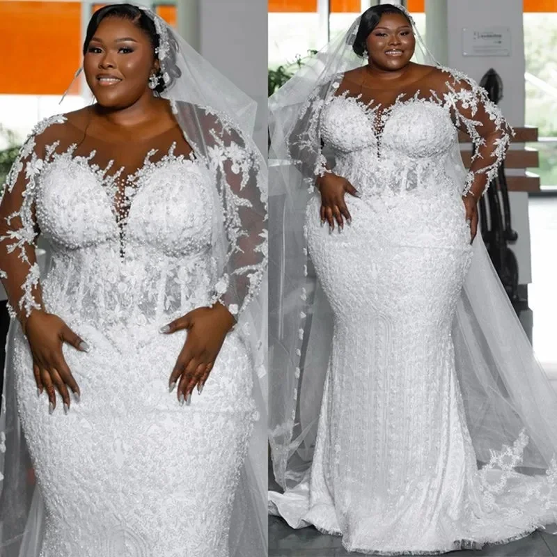 

Customized Plus Size Aso Ebi Mermaid Wedding Dress Bridal Gowns Illusion Sheer Neck Long Sleeves Beaded Lace Tulle Dress