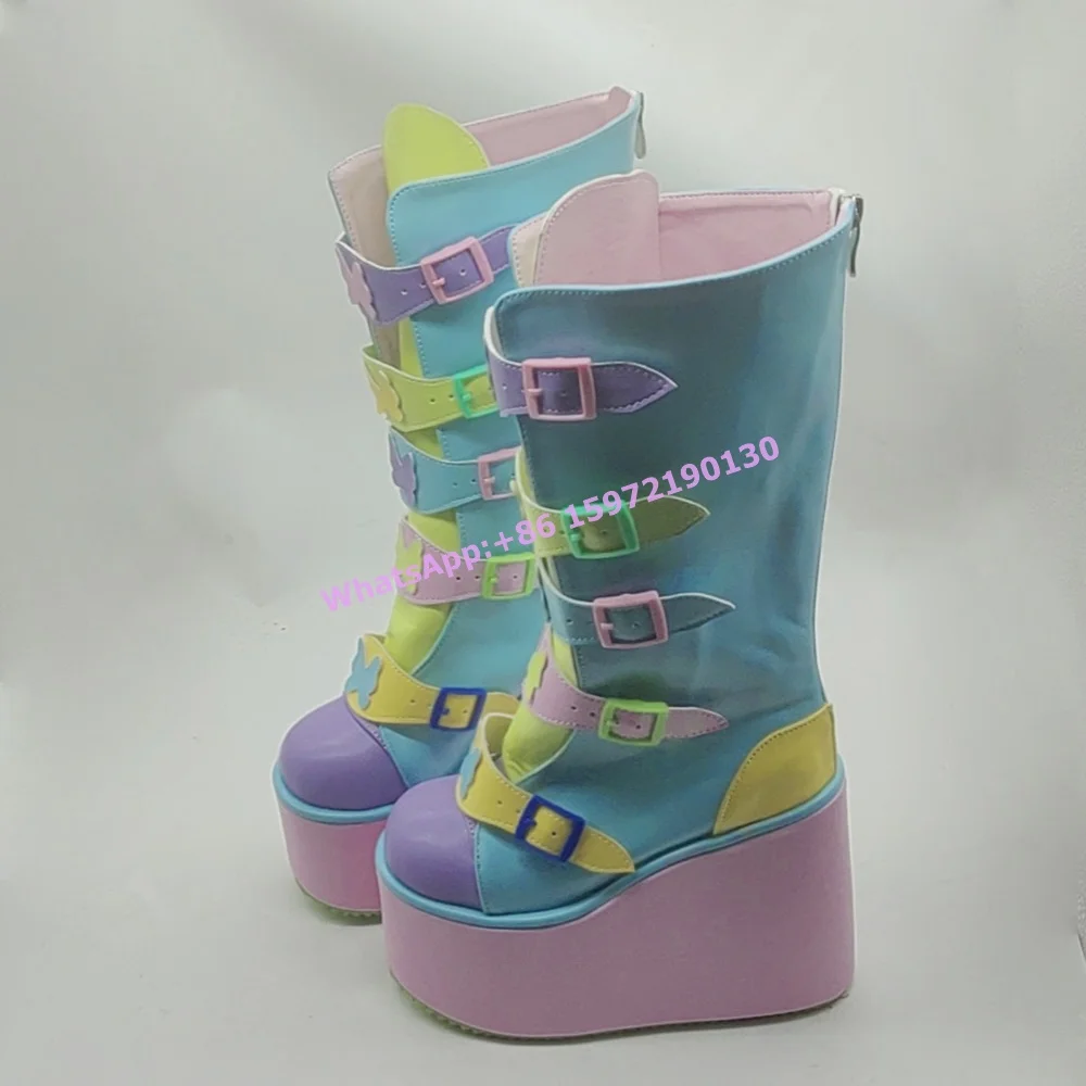 Light Color Butterfly Boots Round Toe Platform Wedges Thick Soled Colorful Buckle Belt Knee High Boots Women's Winter Long Boots