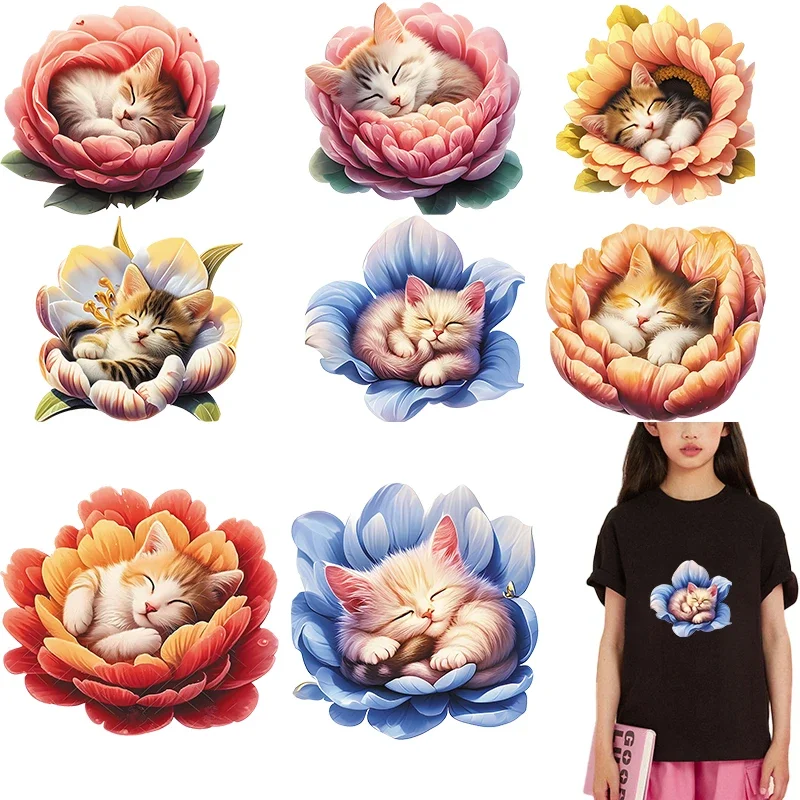 Cats sleeping in flowers iron on heat transfer Heat Transfer Printing On Clothes DTF Heat transfer stickers  iron Patch Stickers