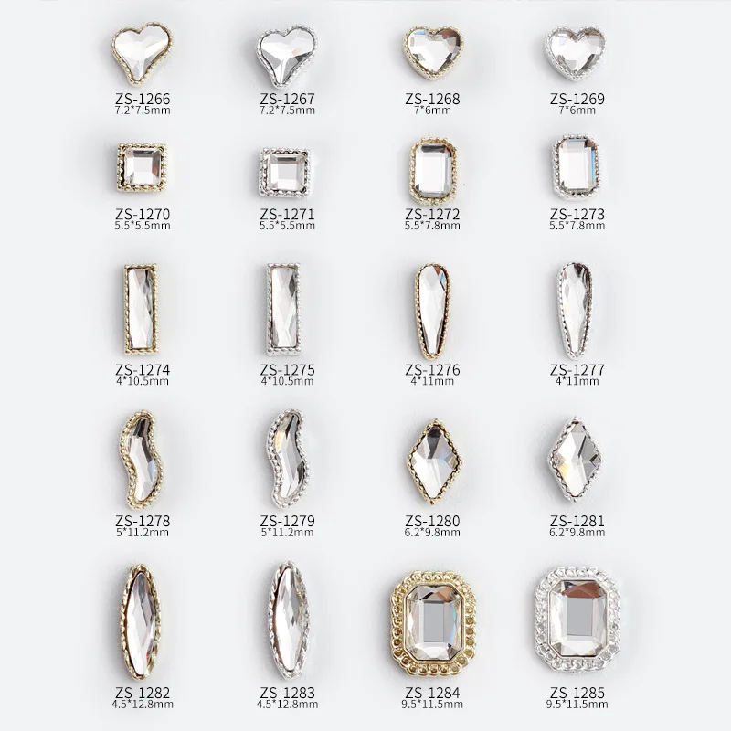 10Pcs Simple Design Nail Diamond Jewelry Alloy Heart/Square/Rhombus Multi-Shapes Gold/Silver Nail Art Metal Glass Manicure Tips