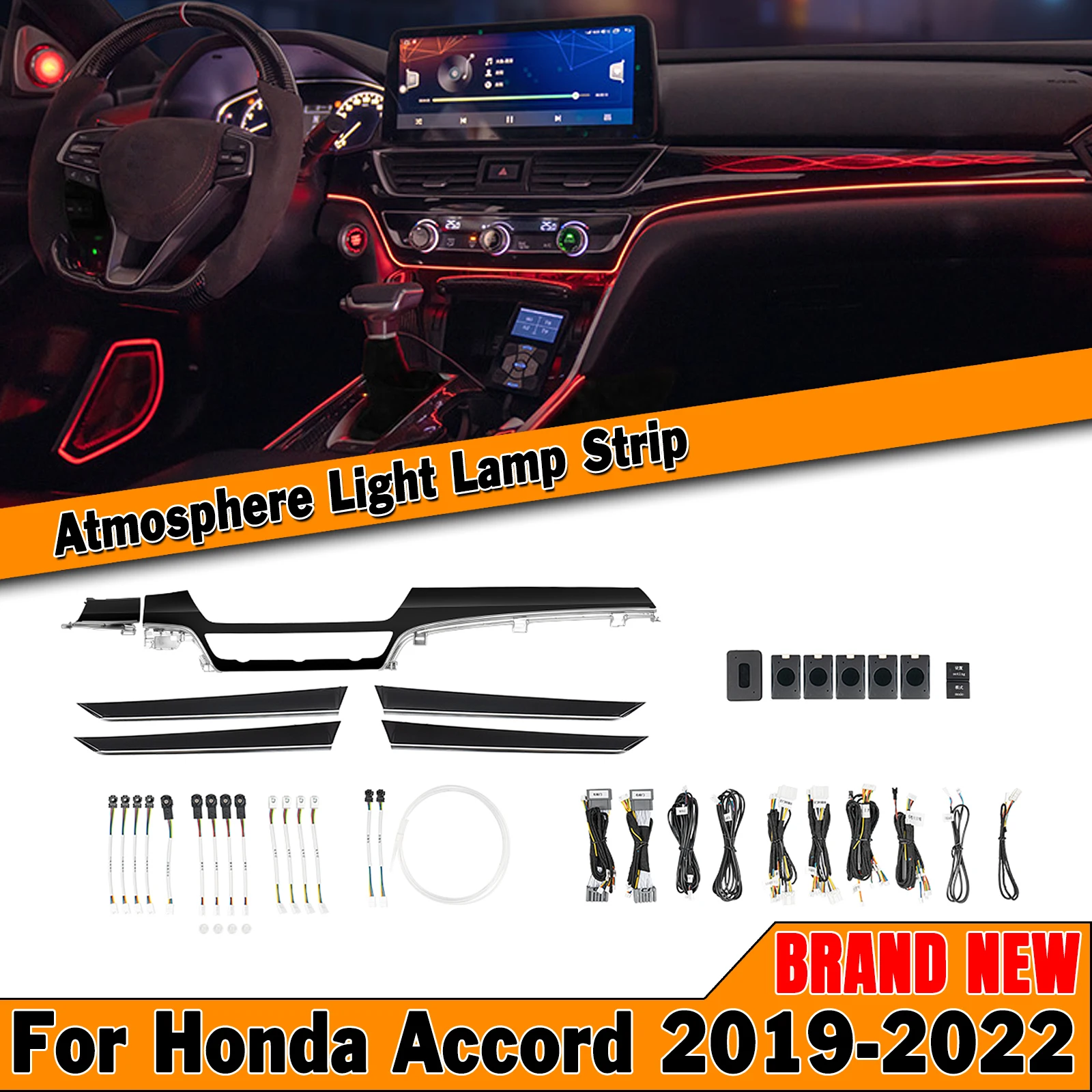 Car Inner Center Console Panel Atmosphere Light Strip Multi-color For Honda Accord 10.5th 2019-2022 Dashboard Ambient Lamp Trim