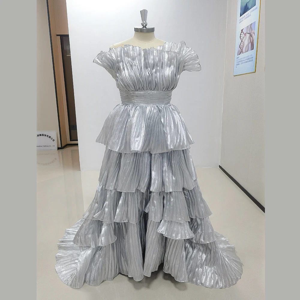 Sparkling Silver Layer Pleated Sleeveless A-line Evening Dress Fashion Floor Length Party Prom Ball Gowns