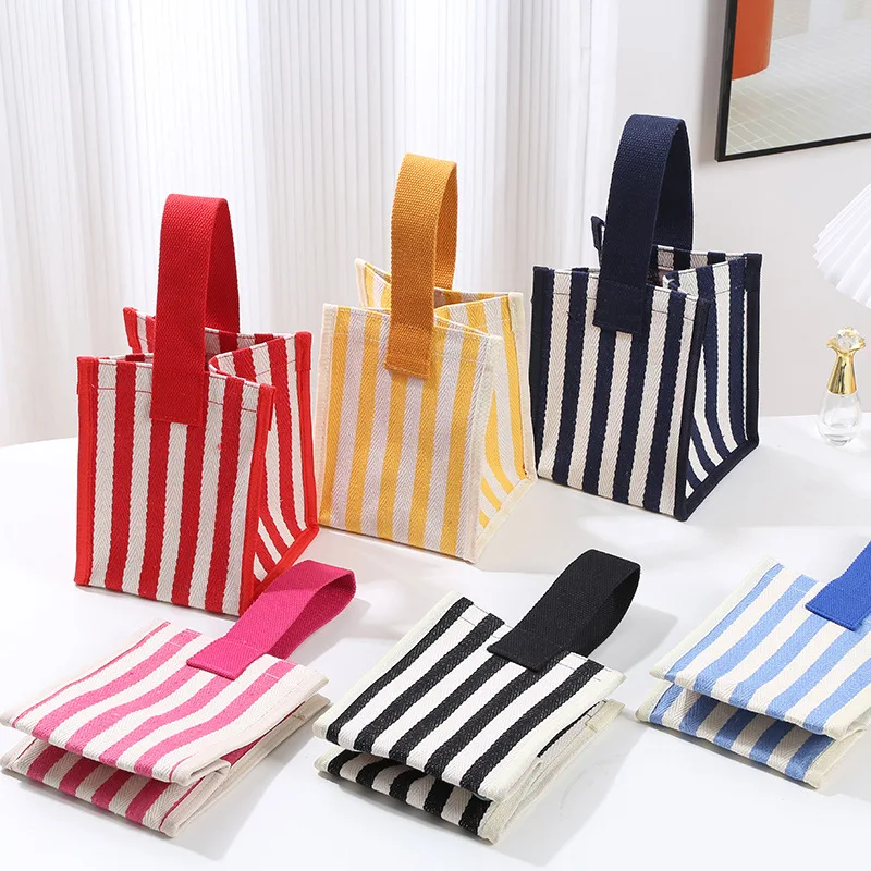 Women Canvas Striped Mini Shoulder Bag Fashion Reusable Small Shopping Handbag Ladies Casual Large Capacity Tote Bags 2024 New