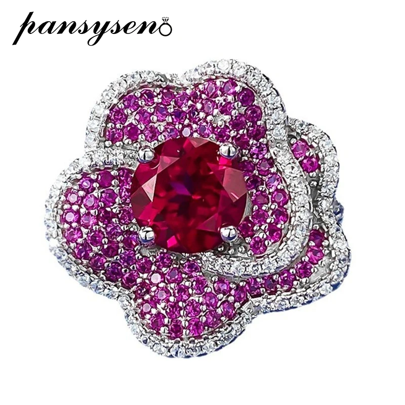 

PANSYSEN Vintage 925 Sterling Silver Flower Shape Ruby High Carbon Diamond Gemstone Rings for Women Luxury Wedding Fine Jewelry