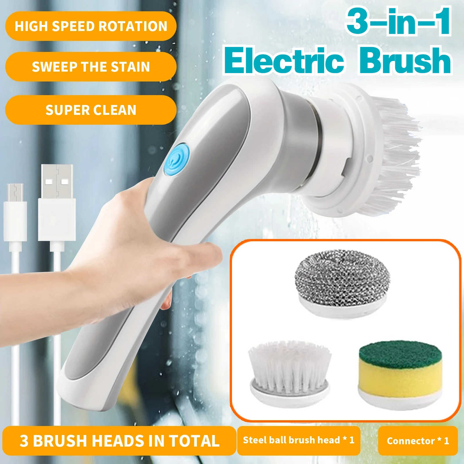 Brosse électrique sans fil pour livres, épurateur de cuisine aste, 3 têtes de brosse de subdivision, machine de nettoyage électrique, déterminer, 3 en 1