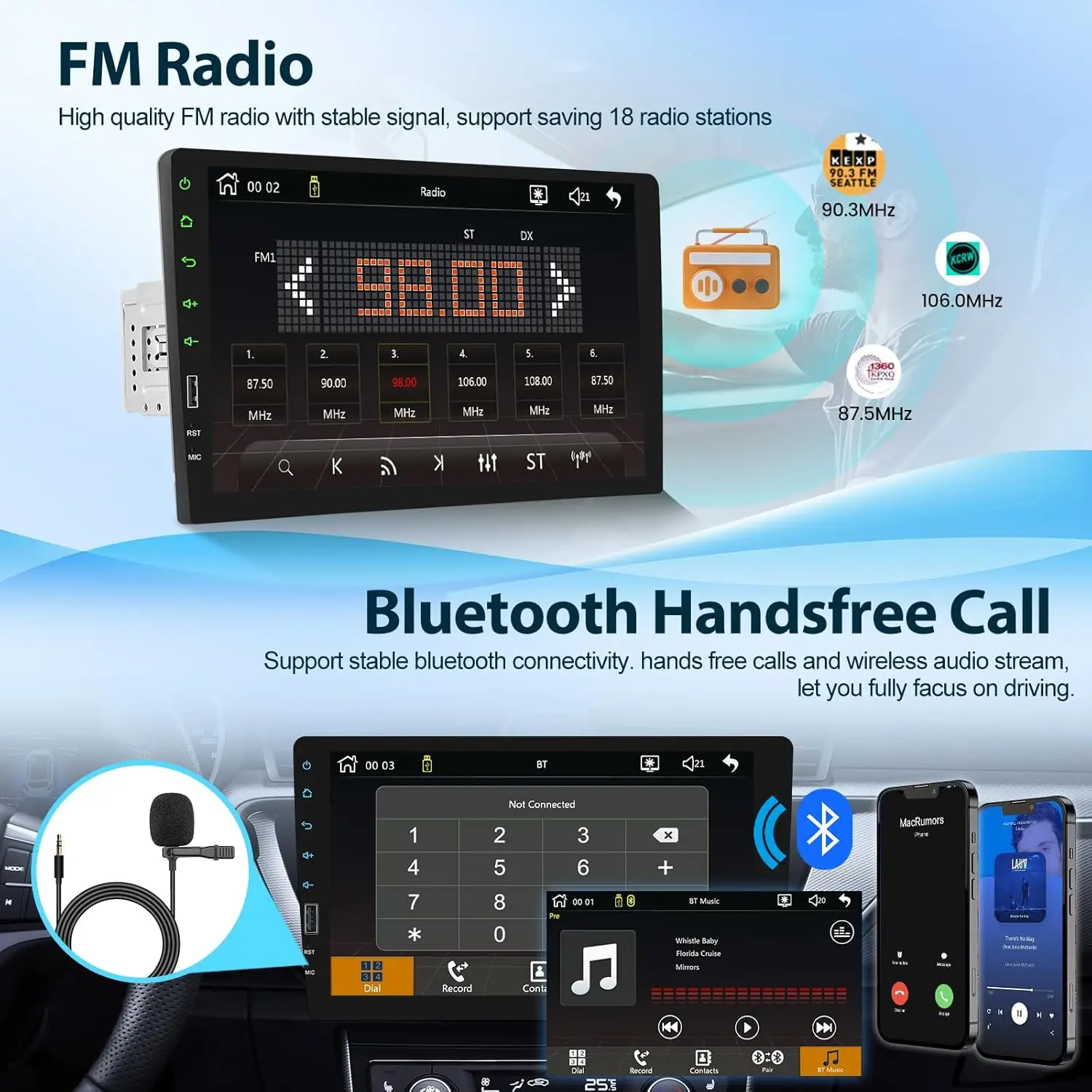 Autoradio da 9 pollici con CarPlay wireless e Android Auto, Bluetooth, MirrorLink, fotocamera di backup e microfono