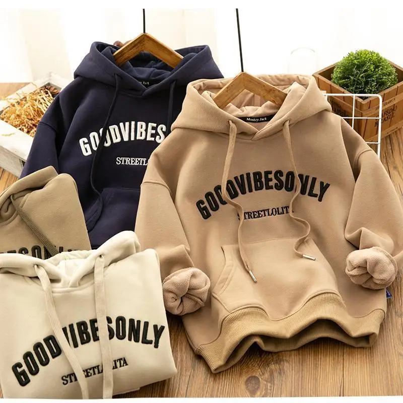 

Boys Girls Hooded Hip Hop Sweatshirt Spring Autumn Casual Fleece Hoodie Kids Letter Print Pullover Top Children Clothing 4-12Y