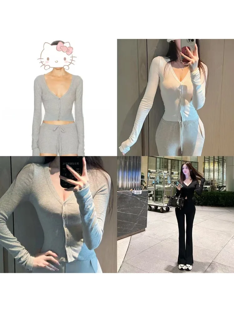 

00Winema XiaoXue Eterne Knitted 2K ey Bla White Extra Thin Fce Ultra-Fit Chinese Sle Women's Top V-ne Long Sve