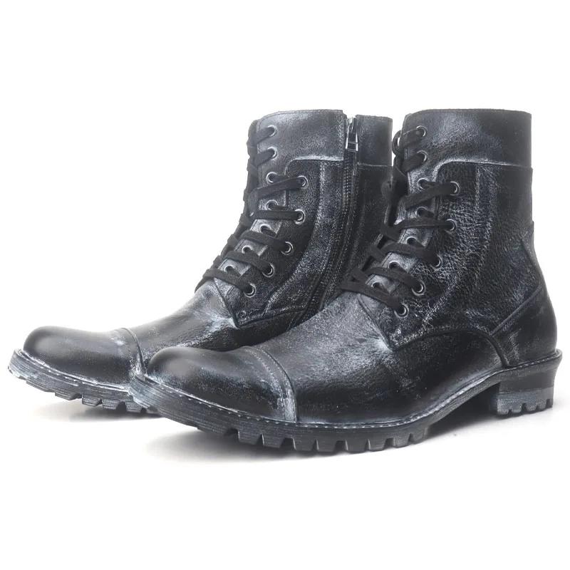 

Handmade Genuine Leather Casual Motorcycle Boots Men's Shoes Retro American Side Zipper High Top Cowhide Thick Sole Ankle Boots