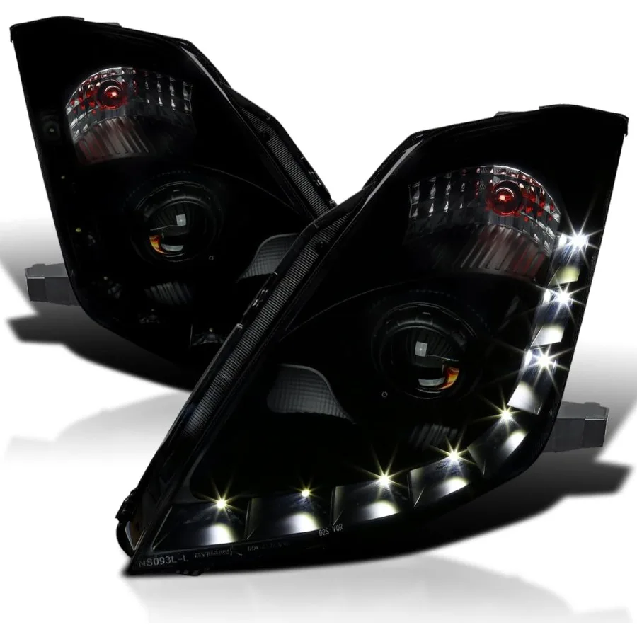 

Black Smoke Projector Headlights w LED Strip Compatible with 2006-2009 Nissan 350Z with Factory HID Headlight Left + Right Pair
