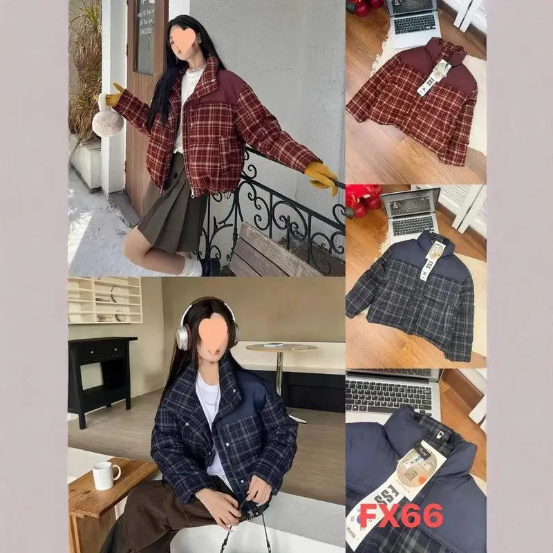 

Winter Bread Sle Women's Coat Plaid Design Color Blo Versatile Cotton Jaet Faionable Loose Fit Long Sve Zipper