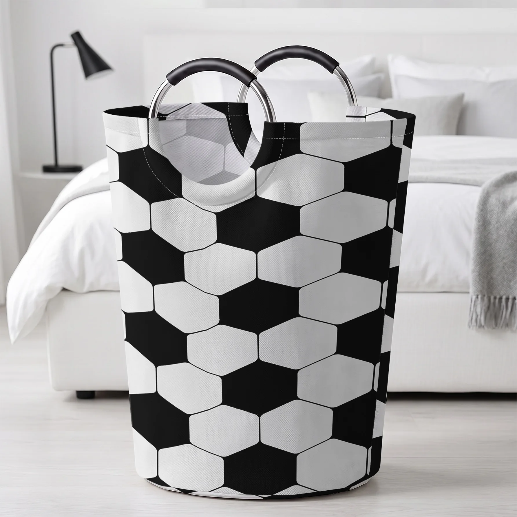 Black White Hexagon Geometric All Over Print Handheld Storage Basket, For Laundry, Bedroom & Home Sundries Storage