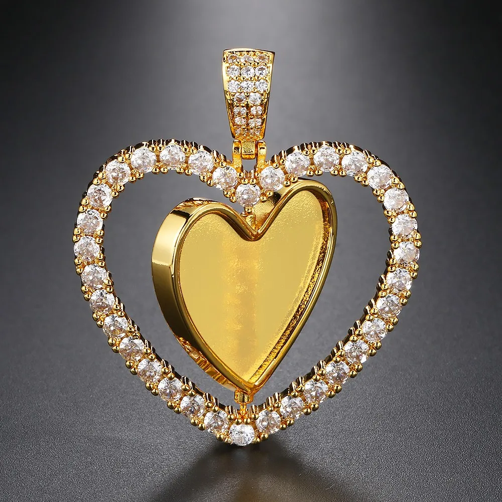 Foto Disesuaikan Kalung Liontin Hati Berongga Putar Dua Sisi Rantai Leher Es Keluar untuk Wanita Pria Hadiah Perhiasan Warna Emas Mewah