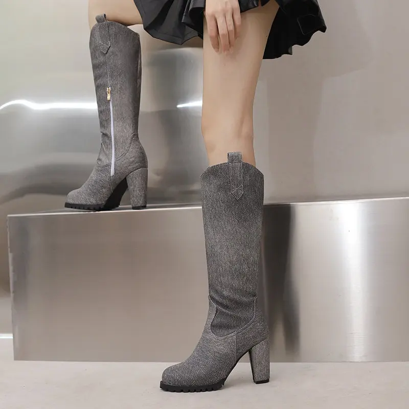 REAVE CAT Women Knee High Boots Round Toe Block Heels 9.5cm Daily Female Booties Size 47 48 49