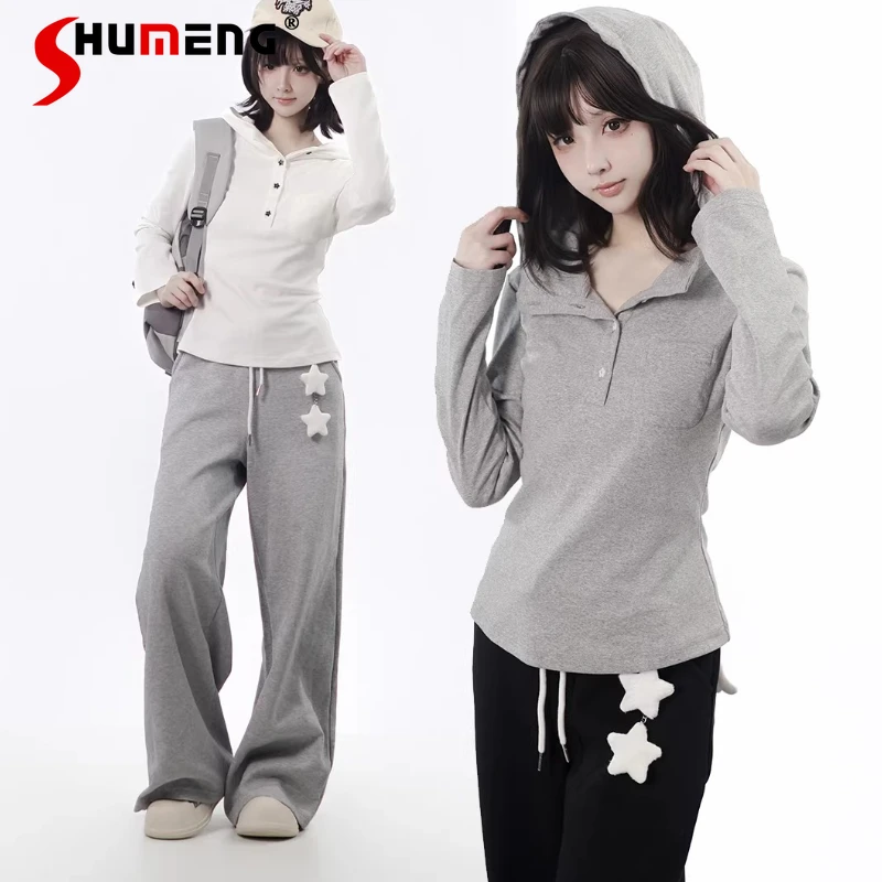 

2026 Spring Hooded Star Buttons Light Soft Cotton Waist And Thin Top Tshirts Gray White Long-sleeved Bottoming T-shirt Pullover