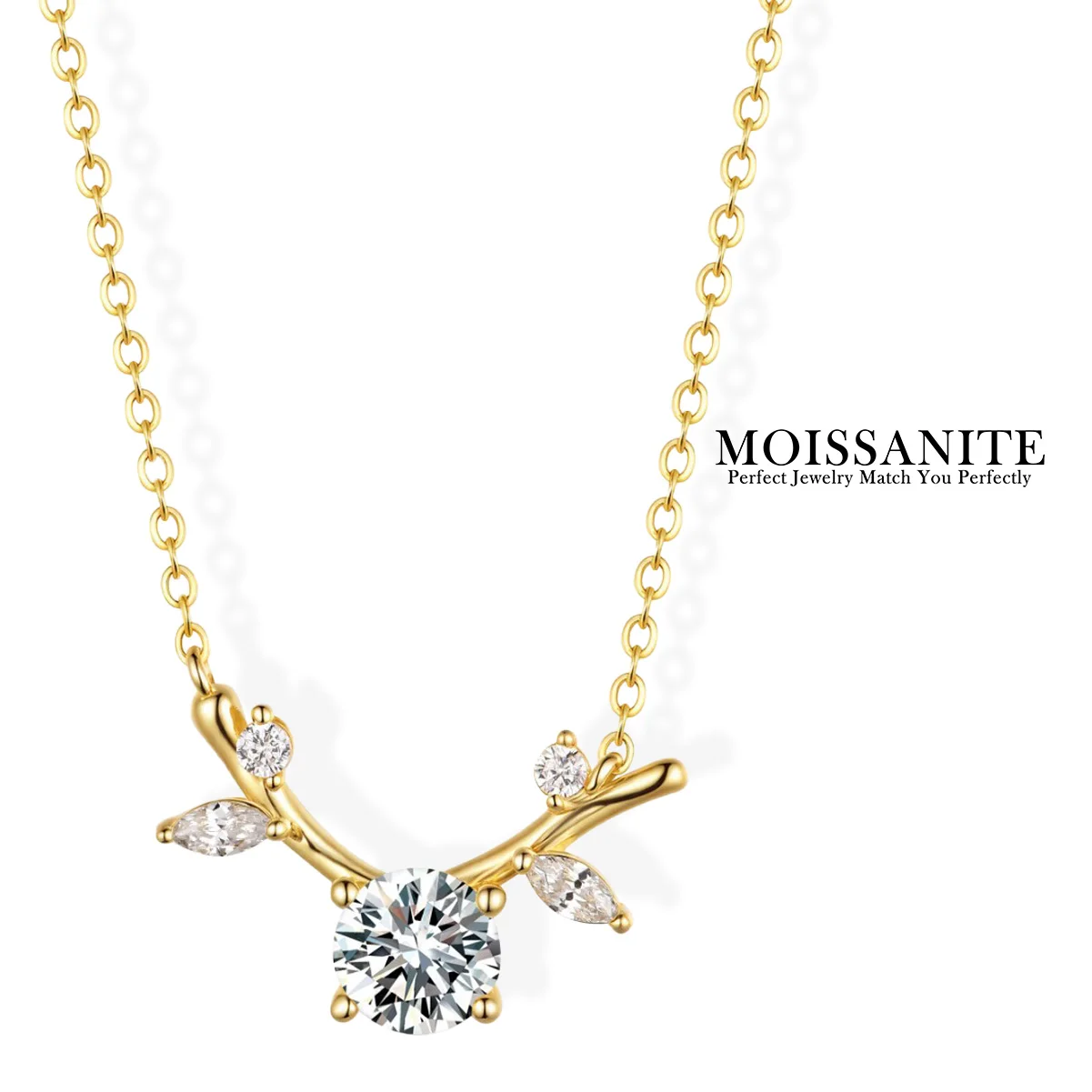 

0.8 Carat Moissanite Pendant Necklace Antler Leaf Style 925 Sterling Silver 18K Gold Plated Elegant Comes with GRA Certificate
