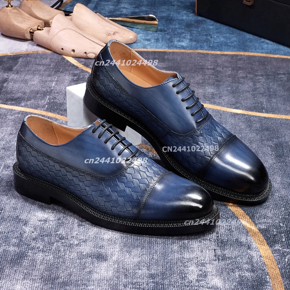 Zapatos Oxford con relieve tejido para hombre, con punta de capuchón, con cordones, de cuero sintético, bicolor azul, formales de negocios, de cuero PU, calzado de vestir.