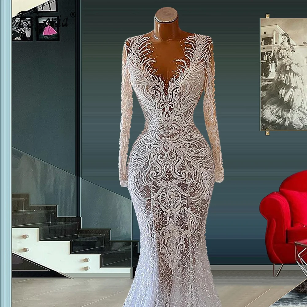 Mermaid Lace Appliques Wedding Dress Pearls Beaded Vestidos de noiva Illusion Bridal Gowns 2022 Spring For African Woman