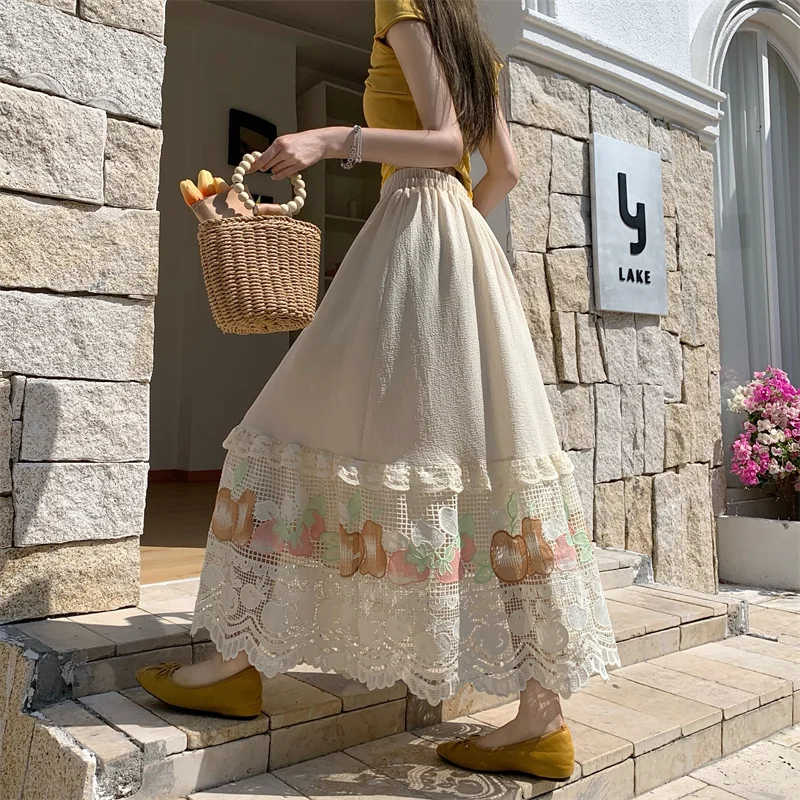 

Vestido Floral Embroidery Spring Summer Colorful Lace Skirt Women French Chic High Waist Hollow Out A-Line Midi Long Skirts
