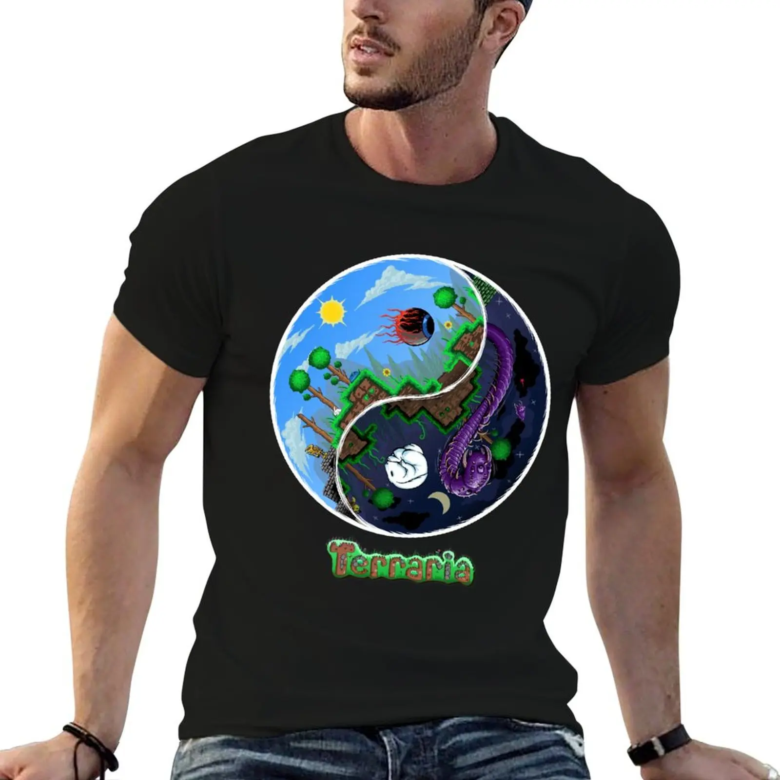 Terraria Game Night And Day Horror Design T-Shirt Basic Crew Neck Short Sleeve Top