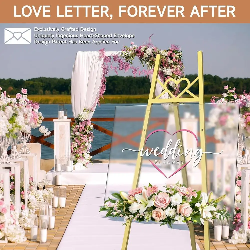 Gold Easel Stand or Sign, Heavy Duty Display Easel with Adjustable Chain, Heart-Shaped Envelope Design Art Easel for Paintings,
