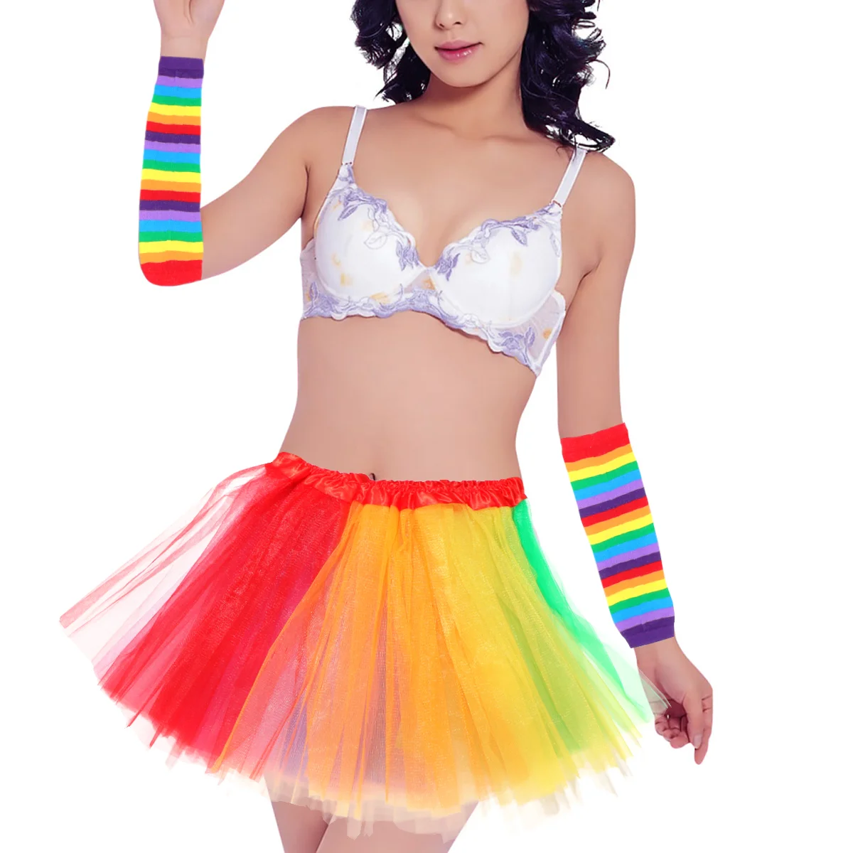 Rainbow Tutu Skirt Kit Colorful Bowknot Tie Long Gloves Stocking Suspenders Costumes Accessory Set (Adult)