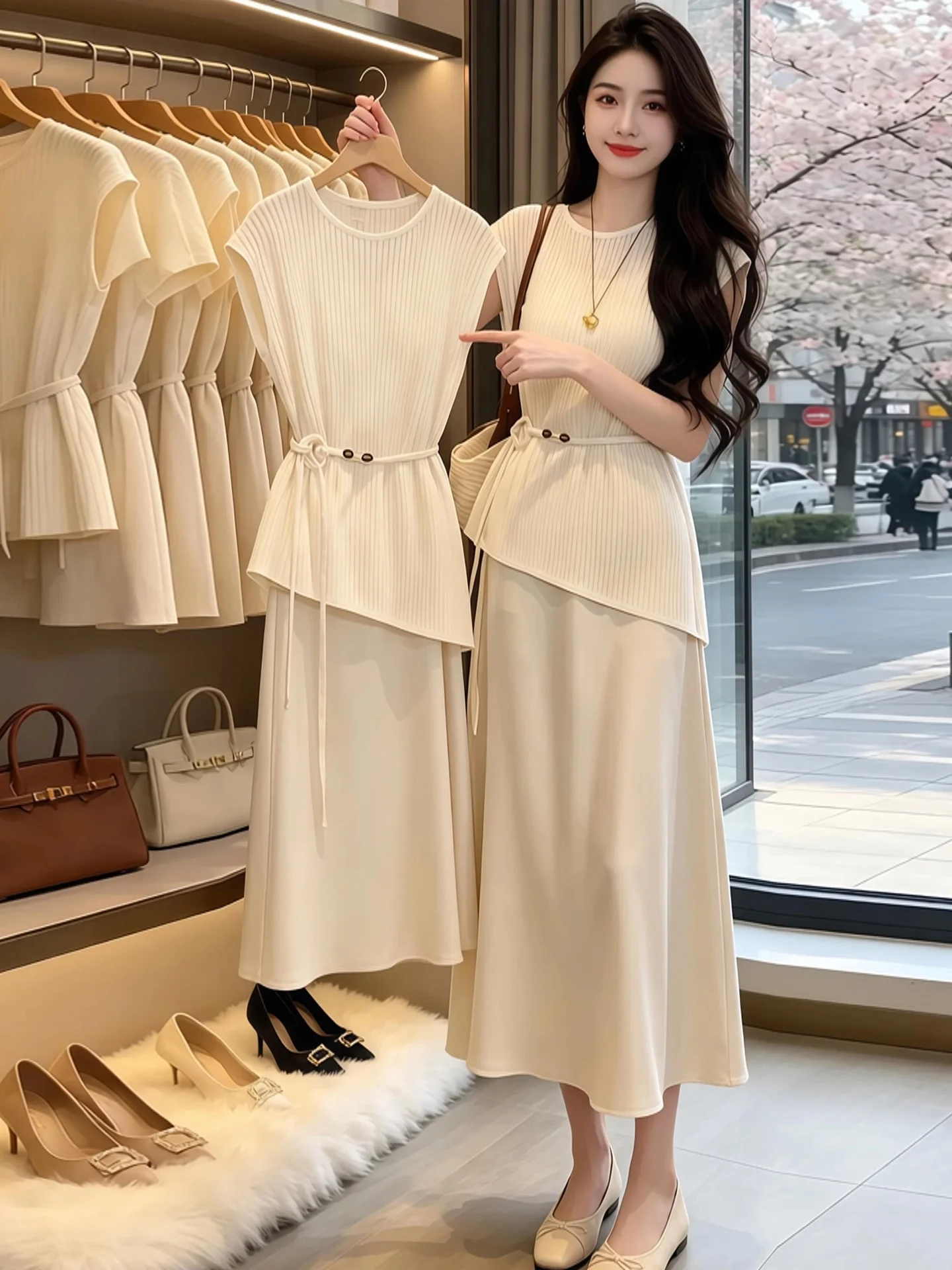 

Elegant Summer New Arrival Strap Dress Set High Waist Long Skirt Fashionable Commute Style Women's Clothing Ensemble