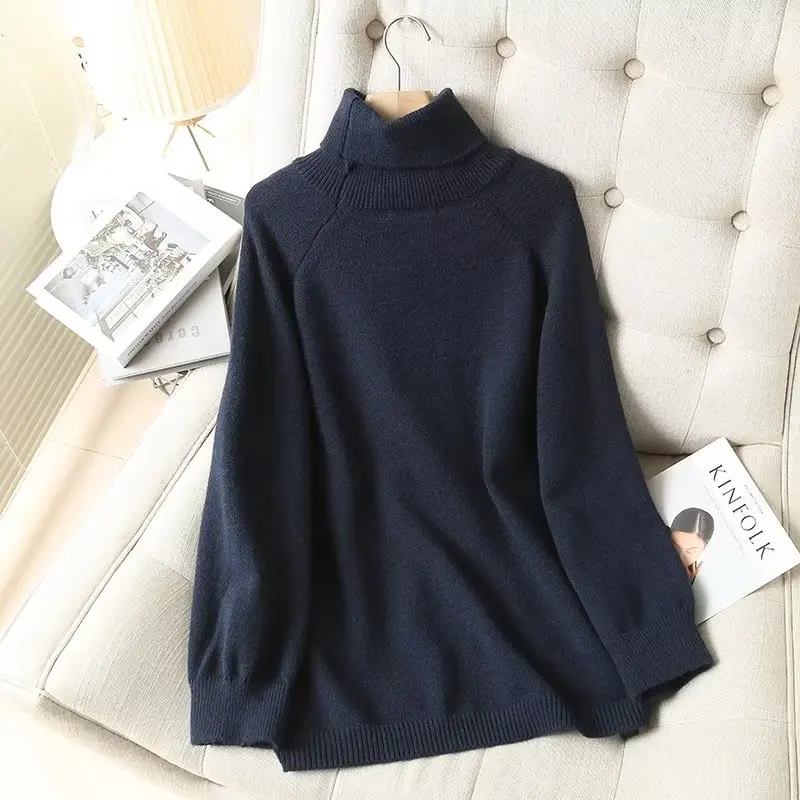 Maxdutti Loose Knitwear Boyfriend Turtleneck Navy Sweaters Women French Vintage Wool Sweaters