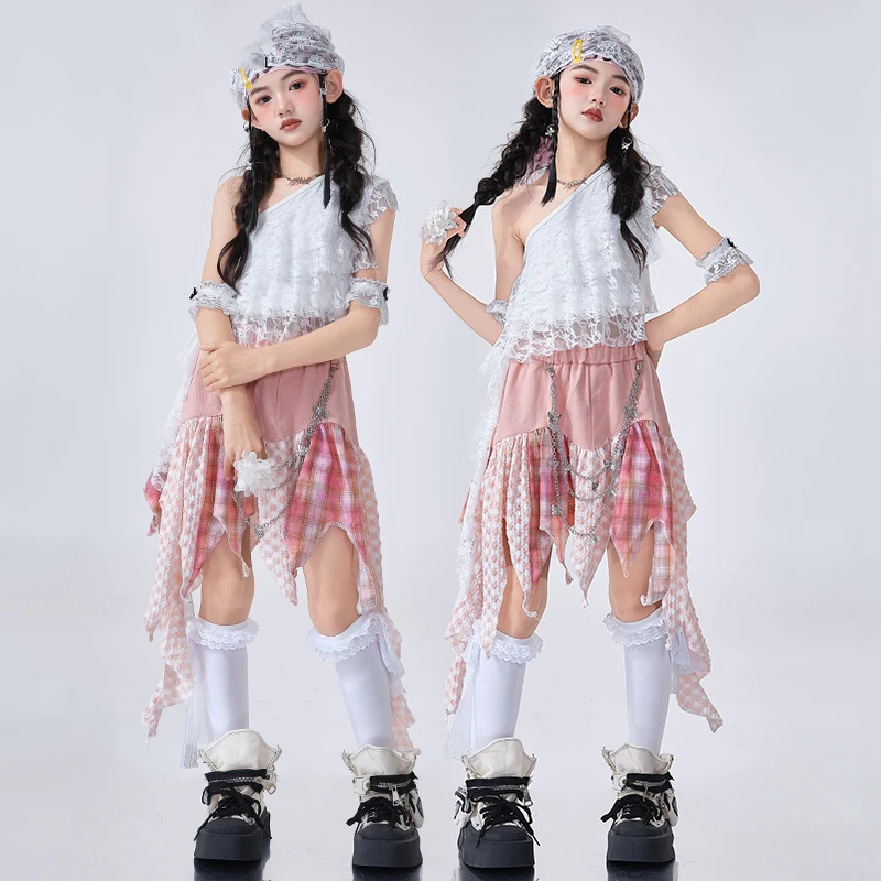 

2025 Kids Cheerleading Jazz Dance Costume Girls White Tops Pink Irregular Skirt Kpop Clothing Fashion Catwalk Street Wear L16214