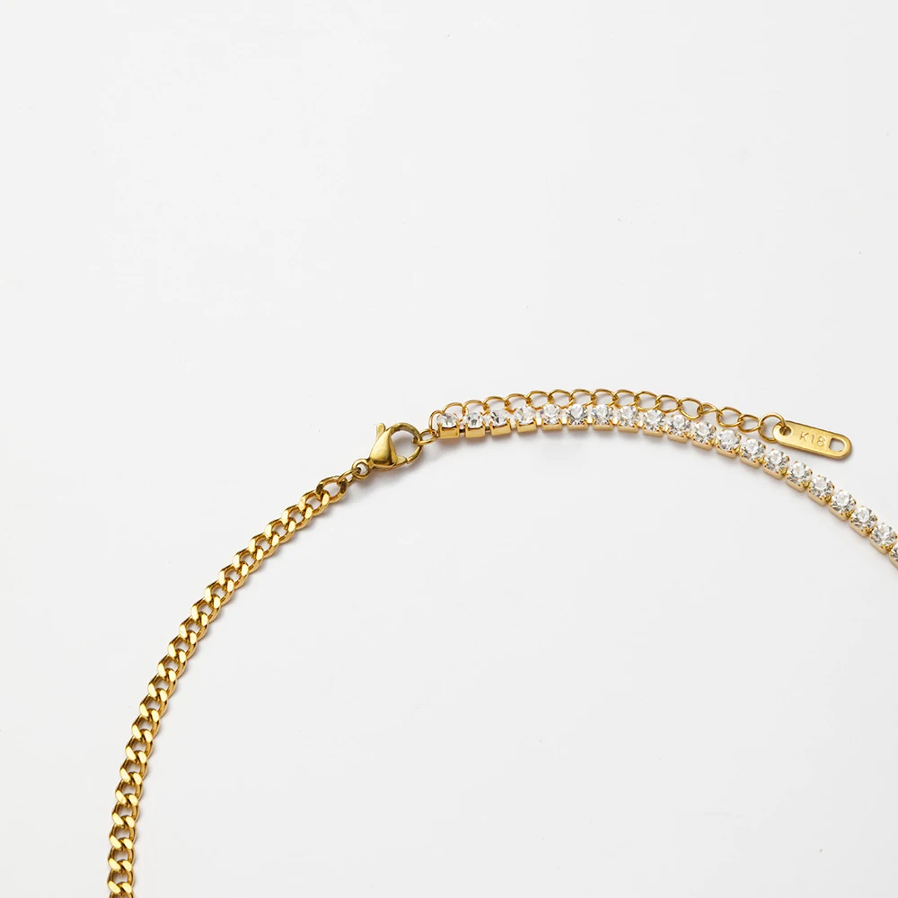 Fashion Stainless Steel 18K Gold Plated Waterproof Jewelry Splicing Half Cuban Chain Half Zircon Tennis Basic Necklace YF4034