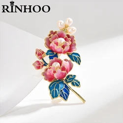 Rinhoo Imitation Pearl Blue Peony Flower Brooch For Women Luxury Pearl Floral Pins Plant Enamel Badge Elegant Lady Jewelry Gift