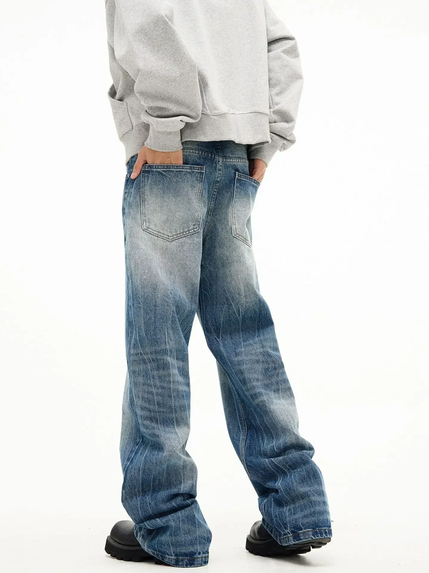 Jeans Men Straight Trousers Denim Flare Pants Long Pant Loose Casual Regular Splice Button Pocket High Waist Simple Autumn
