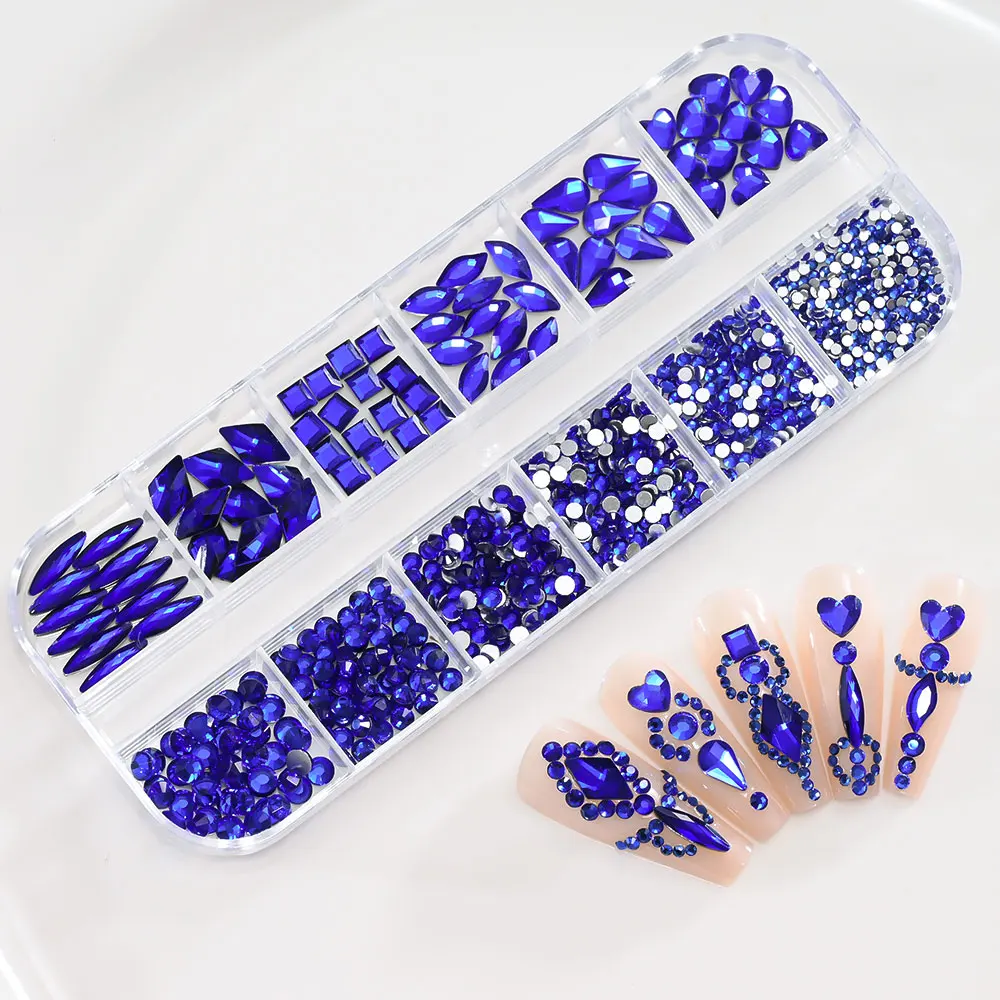1Box Royal Blue Nail Art Rhinestones 1.5/2/2.5/2.8/3/4MM Flatback Nail Gems In Various Sizes SS4-SS16 Non-hotfix Nail Decoration
