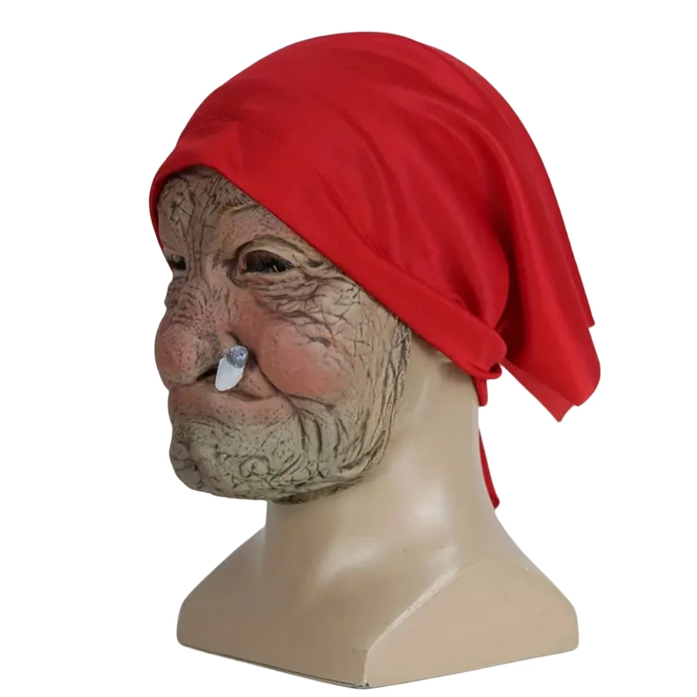 Adult Female Latex Mask Cosplay Grandma Mask Halloween Old Lady Wearing Headscarf Full Head Mask Smoking Wrinkles Horror Mask