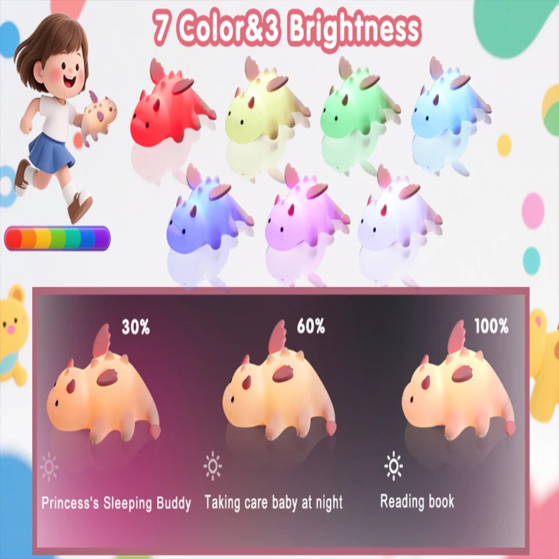 Milk Dragon Night Light for Kids, Cute Dinosaur Lamp Gifts Dimmable Silicone Magnetic Bedside Lamps, Rechargeable Squishy