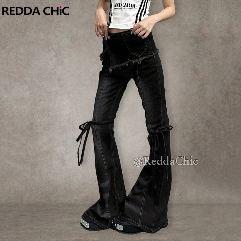 

REDDACHiC черные женские расклешенные джинсы с запахом в стиле ретро, усы с бантом и низкой посадкой, эластичные джинсовые брюки, брюки-клеш, уличная одежда в стиле гранж