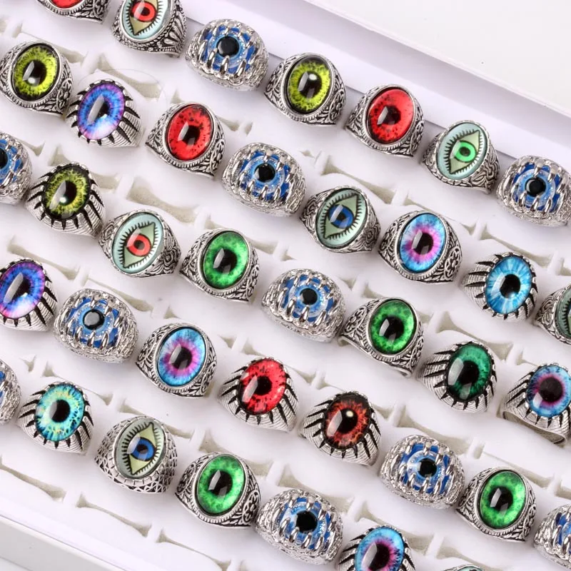 New Sparking 50pcs/lot Mixed Eye Ring Unique Design Evil Eye Silver Plated Tone Ring Vintage Men Women Punk Jewelry