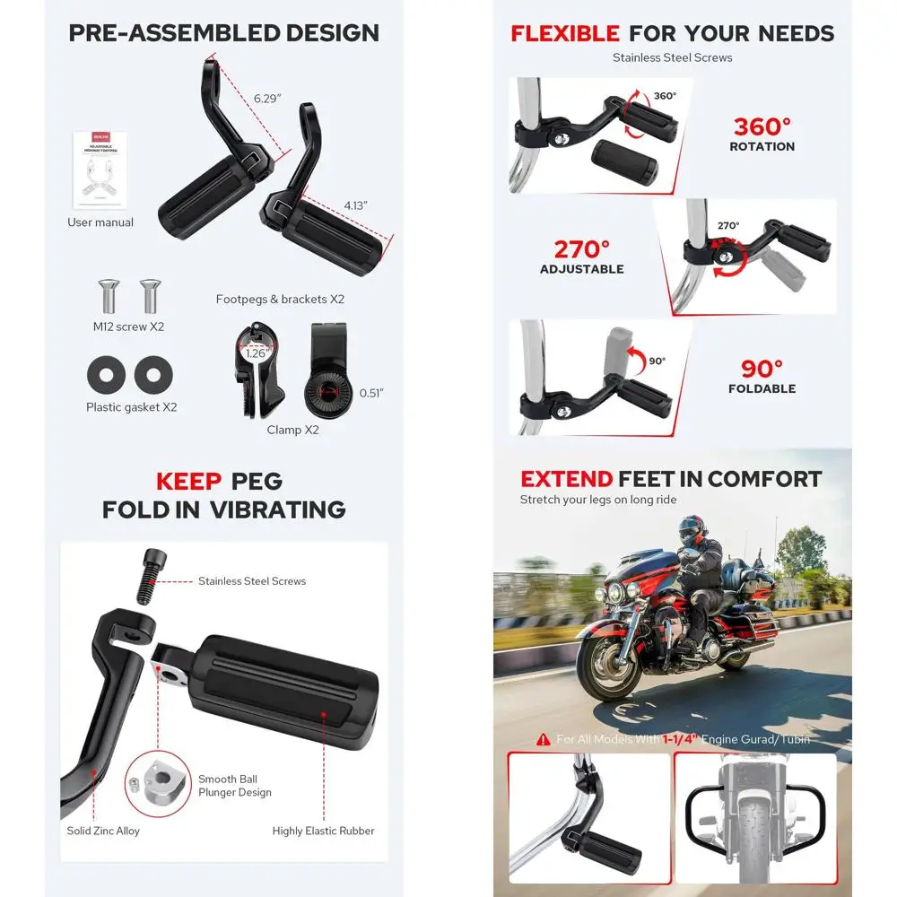 

Шоссейные подножки, 1,25 дюйма, шоссейные подножки из нержавеющей стали 304, регулируемые, длительного угла, подходят для Harley Davidson Touring Street Glide Road